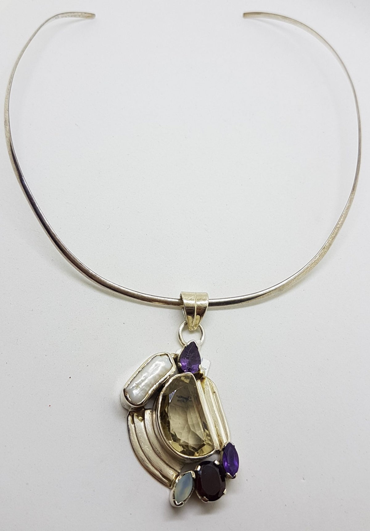 Sterling Silver Large Citrine, Pearl, Amethyst, Garnet and Moonstone Pendant on Silver Choker Chain / Necklace
