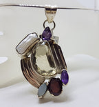 Sterling Silver Large Citrine, Pearl, Amethyst, Garnet and Moonstone Pendant on Silver Choker Chain / Necklace