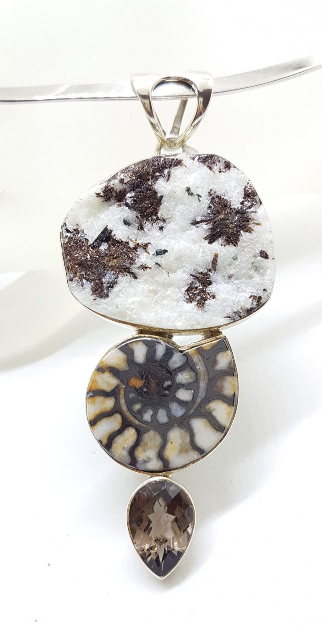 Sterling Silver Large Ammonite, Smokey Quartz and Astrophyllite Pendant on Silver Choker Chain / Necklace