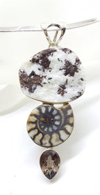 Sterling Silver Large Ammonite, Smokey Quartz and Astrophyllite Pendant on Silver Choker Chain / Necklace