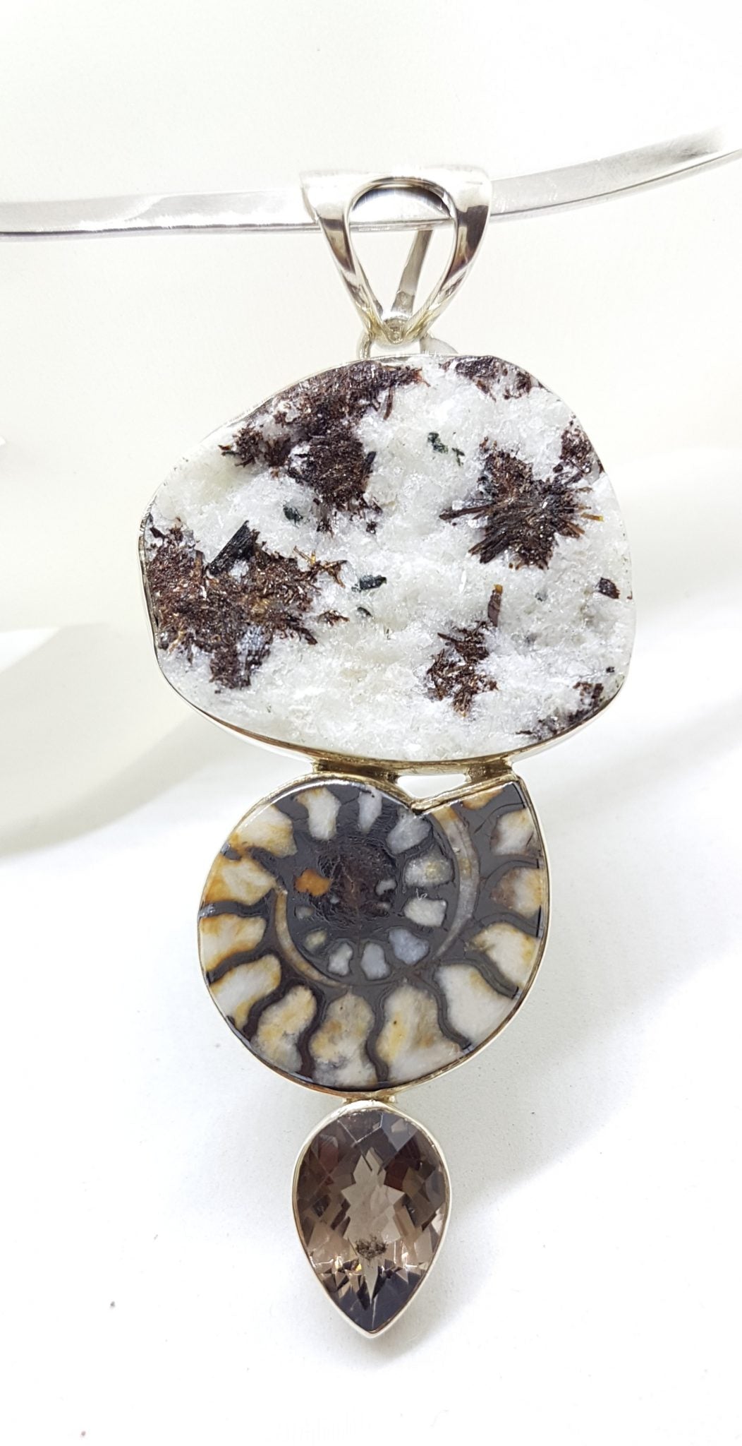Sterling Silver Large Ammonite, Smokey Quartz and Astrophyllite Pendant on Silver Choker Chain / Necklace