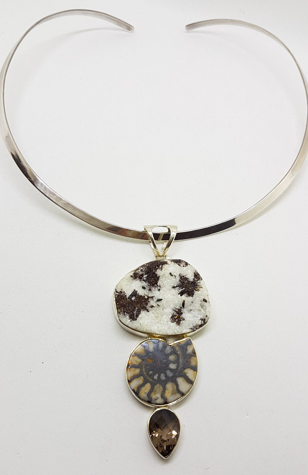 Sterling Silver Large Ammonite, Smokey Quartz and Astrophyllite Pendant on Silver Choker Chain / Necklace