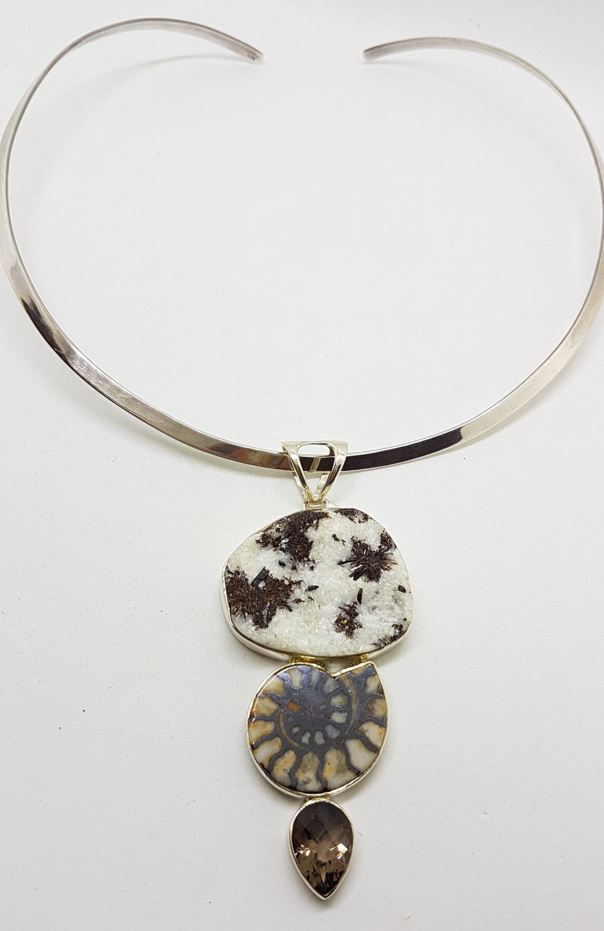 Sterling Silver Large Ammonite, Smokey Quartz and Astrophyllite Pendant on Silver Choker Chain / Necklace