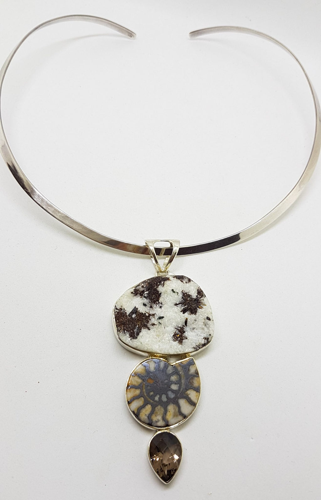 Sterling Silver Large Ammonite, Smokey Quartz and Astrophyllite Pendant on Silver Choker Chain / Necklace