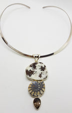 Sterling Silver Large Ammonite, Smokey Quartz and Astrophyllite Pendant on Silver Choker Chain / Necklace