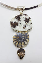 Sterling Silver Large Ammonite, Smokey Quartz and Astrophyllite Pendant on Silver Choker Chain / Necklace