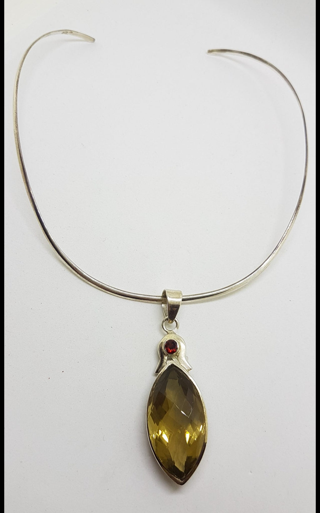 Sterling Silver Long Marquis Shape Citrine with Garnet Pendant on Choker Necklace / Chain