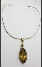 Sterling Silver Long Marquis Shape Citrine with Garnet Pendant on Choker Necklace / Chain