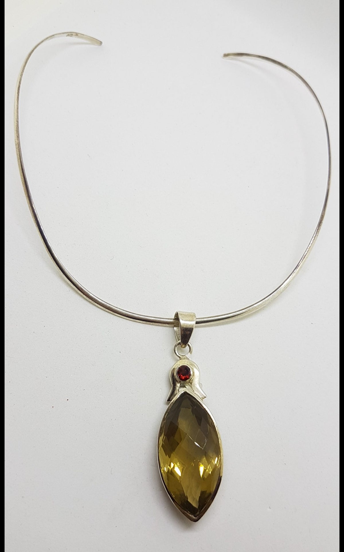 Sterling Silver Long Marquis Shape Citrine with Garnet Pendant on Choker Necklace / Chain
