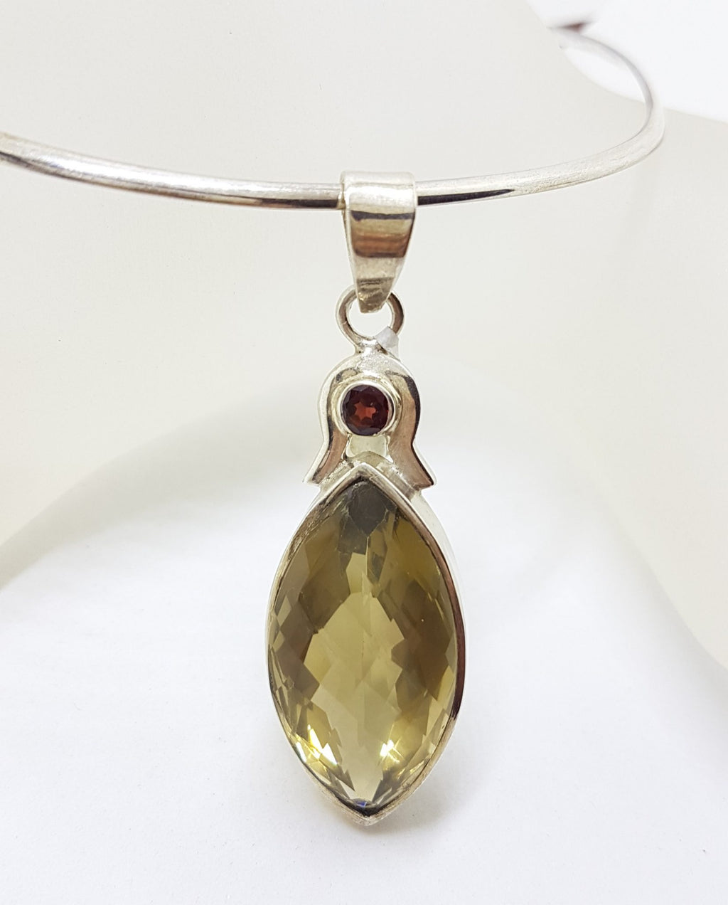 Sterling Silver Long Marquis Shape Citrine with Garnet Pendant on Choker Necklace / Chain