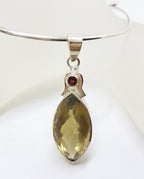 Sterling Silver Long Marquis Shape Citrine with Garnet Pendant on Choker Necklace / Chain
