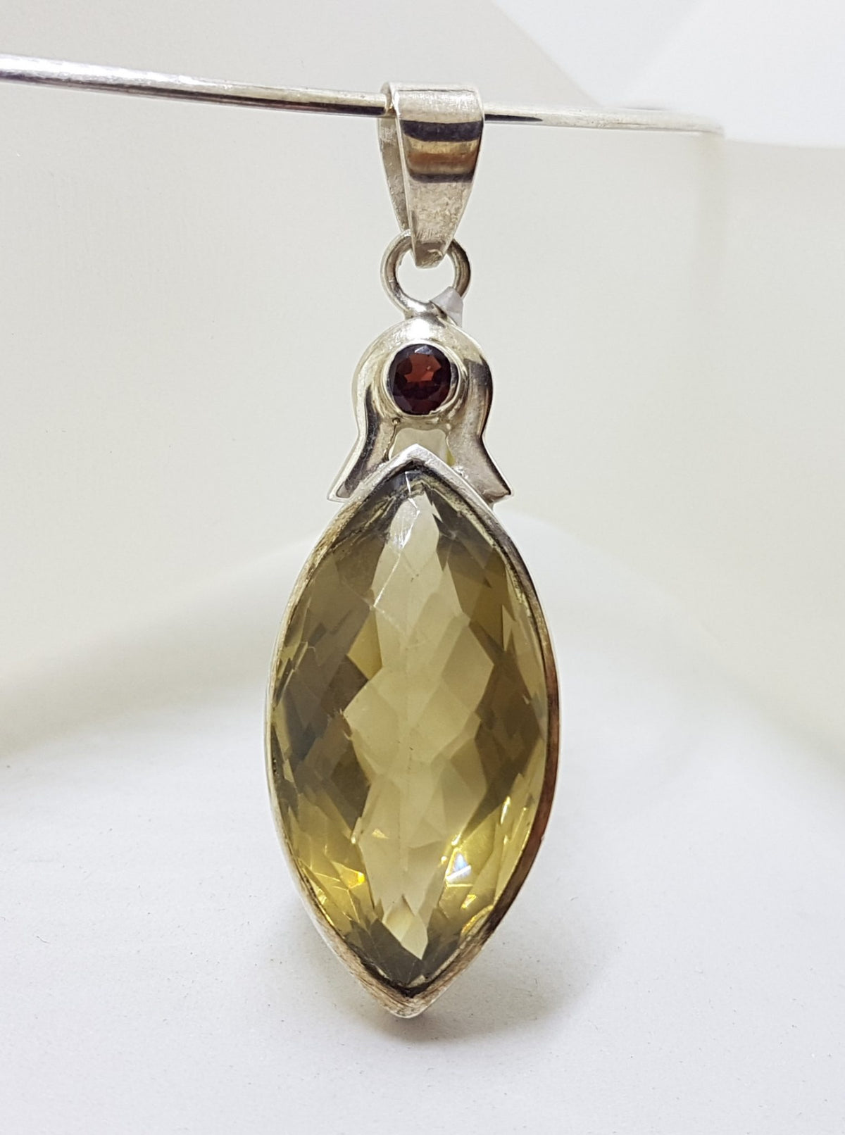Sterling Silver Long Marquis Shape Citrine with Garnet Pendant on Choker Necklace / Chain