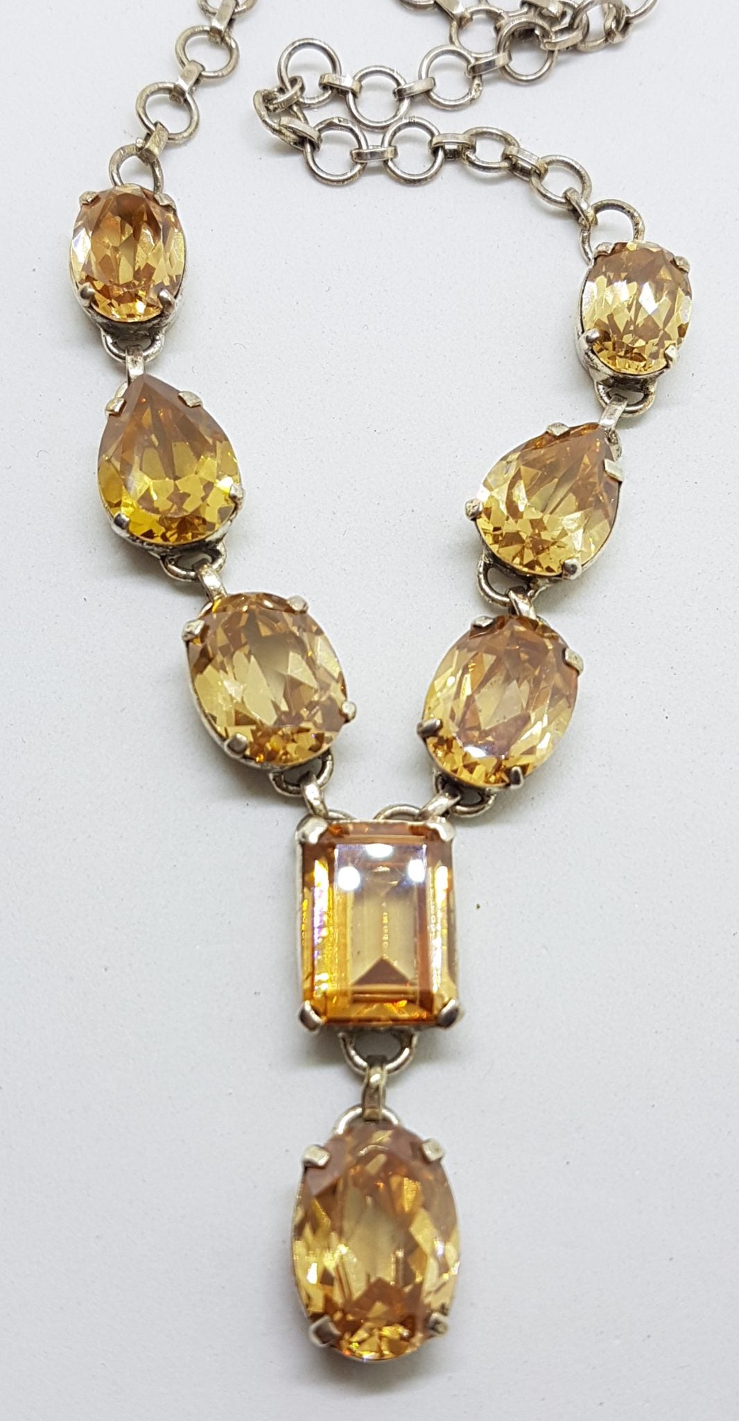 Sterling Silver 9 Stone Large Brandy Topaz Drop Necklace / Chain