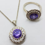 Sterling Silver Purple and Clear Cubic Zirconia Pendant on Silver Chain with Ring Set