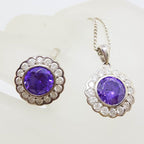 Sterling Silver Purple and Clear Cubic Zirconia Pendant on Silver Chain with Ring Set