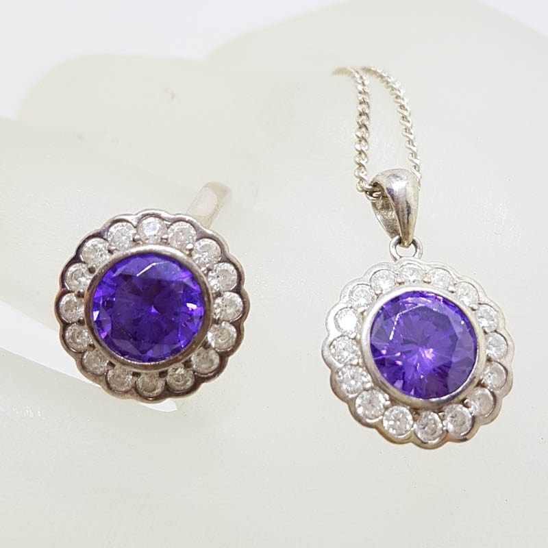 Sterling Silver Purple and Clear Cubic Zirconia Pendant on Silver Chain with Ring Set