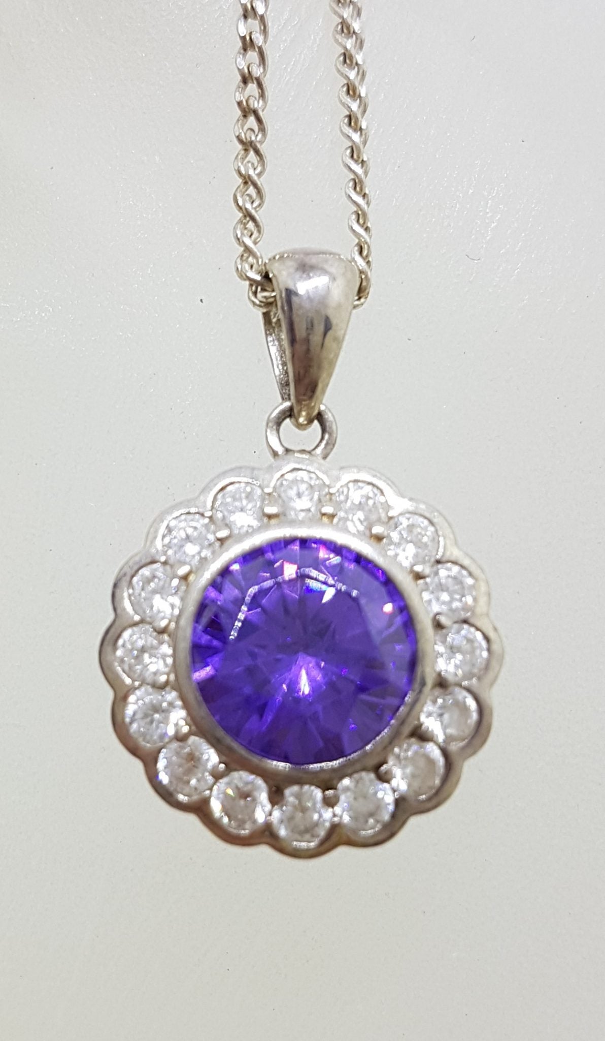 Sterling Silver Purple and Clear Cubic Zirconia Pendant on Silver Chain with Ring Set