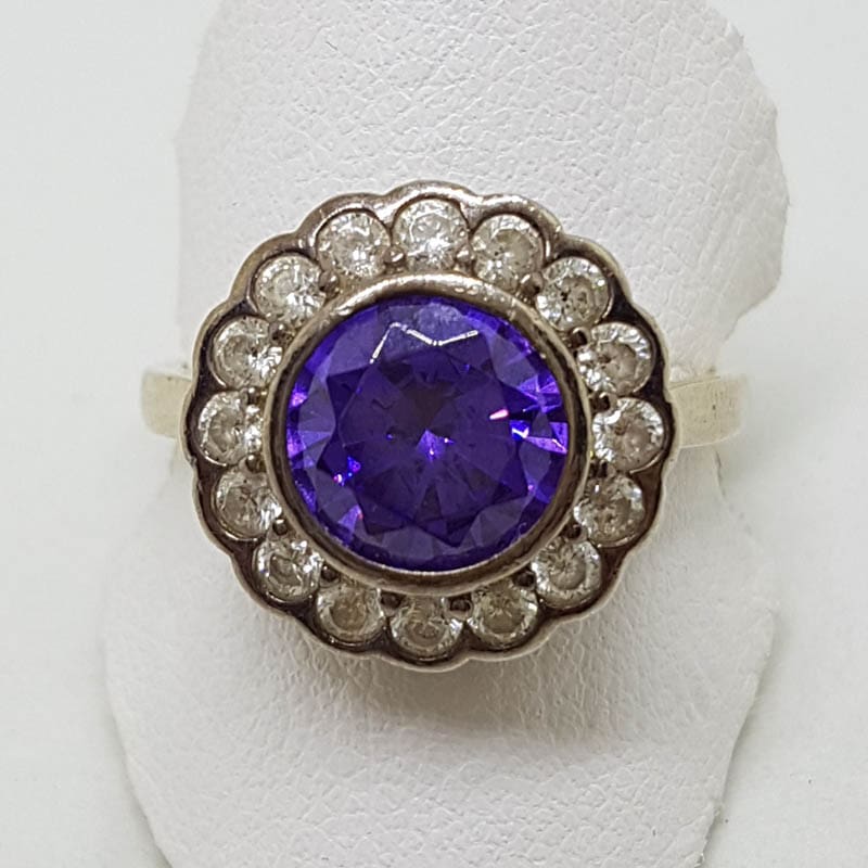 Sterling Silver Purple and Clear Cubic Zirconia Pendant on Silver Chain with Ring Set