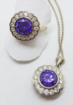 Sterling Silver Purple and Clear Cubic Zirconia Pendant on Silver Chain with Ring Set