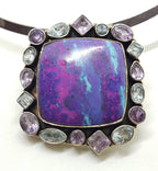 Sterling Silver Large Square Mohave Turquoise surrounded by Amethyst and Topaz on Silver Choker Chain / Necklace