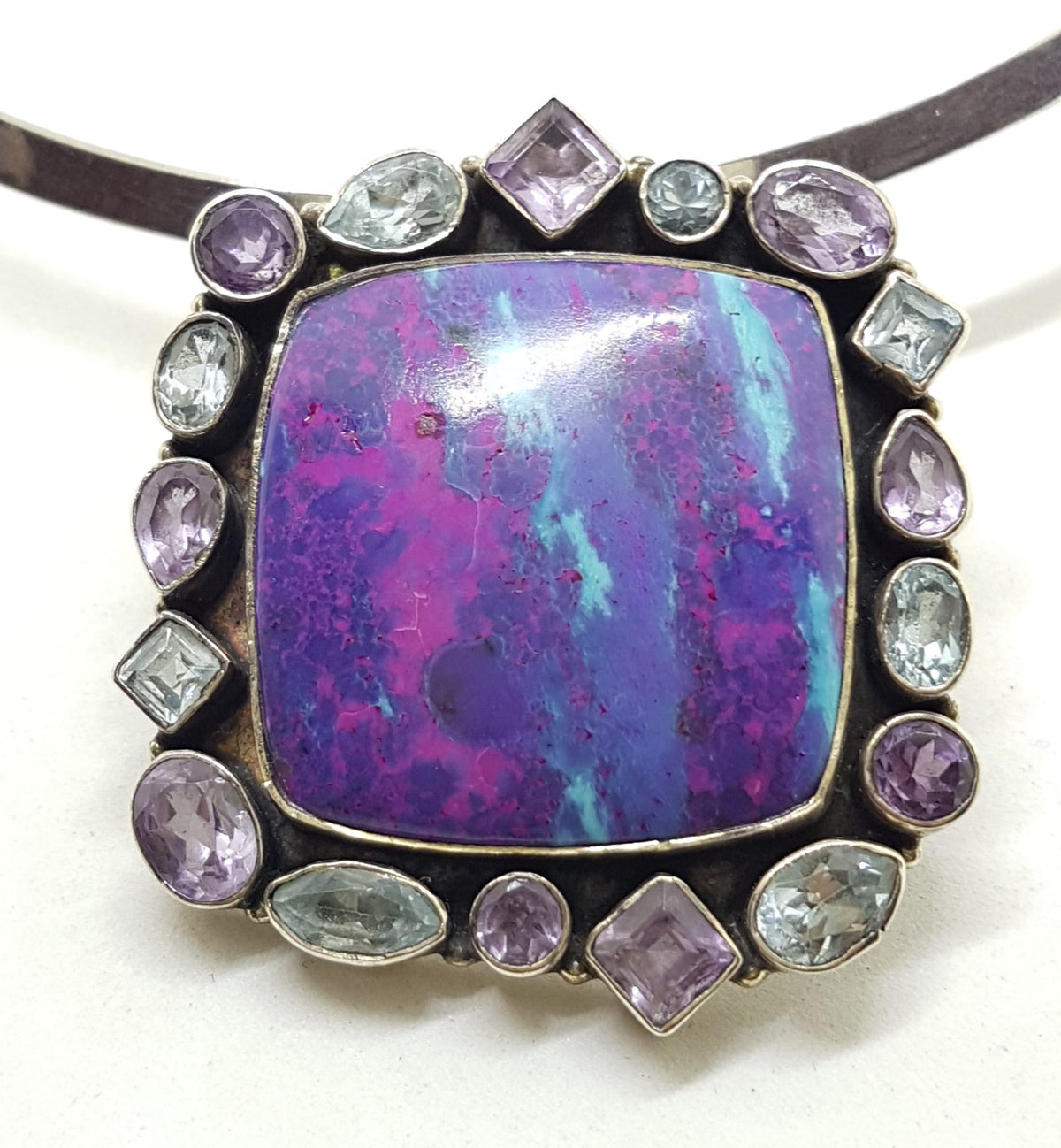 Sterling Silver Large Square Mohave Turquoise surrounded by Amethyst and Topaz on Silver Choker Chain / Necklace