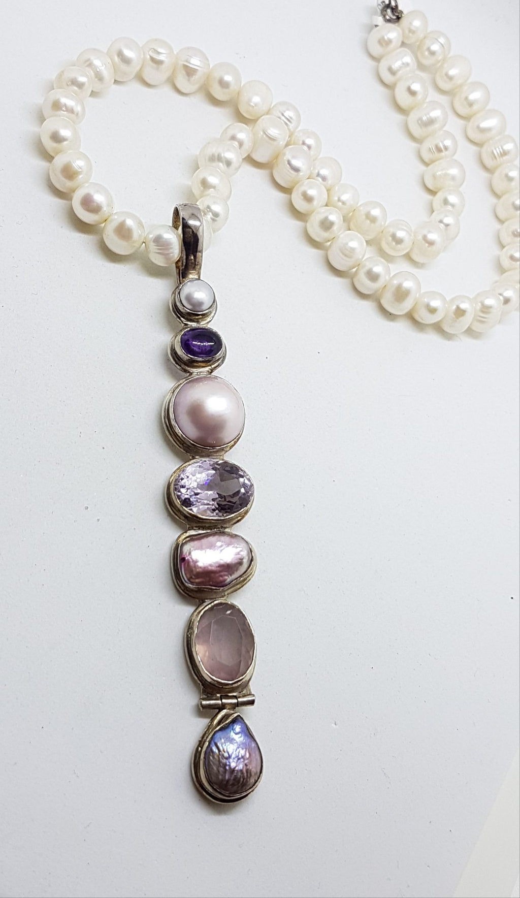 Sterling Silver Very Long Drop Pearl, Rose Quartz and Amethyst Pendant on Pearl Necklace