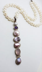 Sterling Silver Very Long Drop Pearl, Rose Quartz and Amethyst Pendant on Pearl Necklace