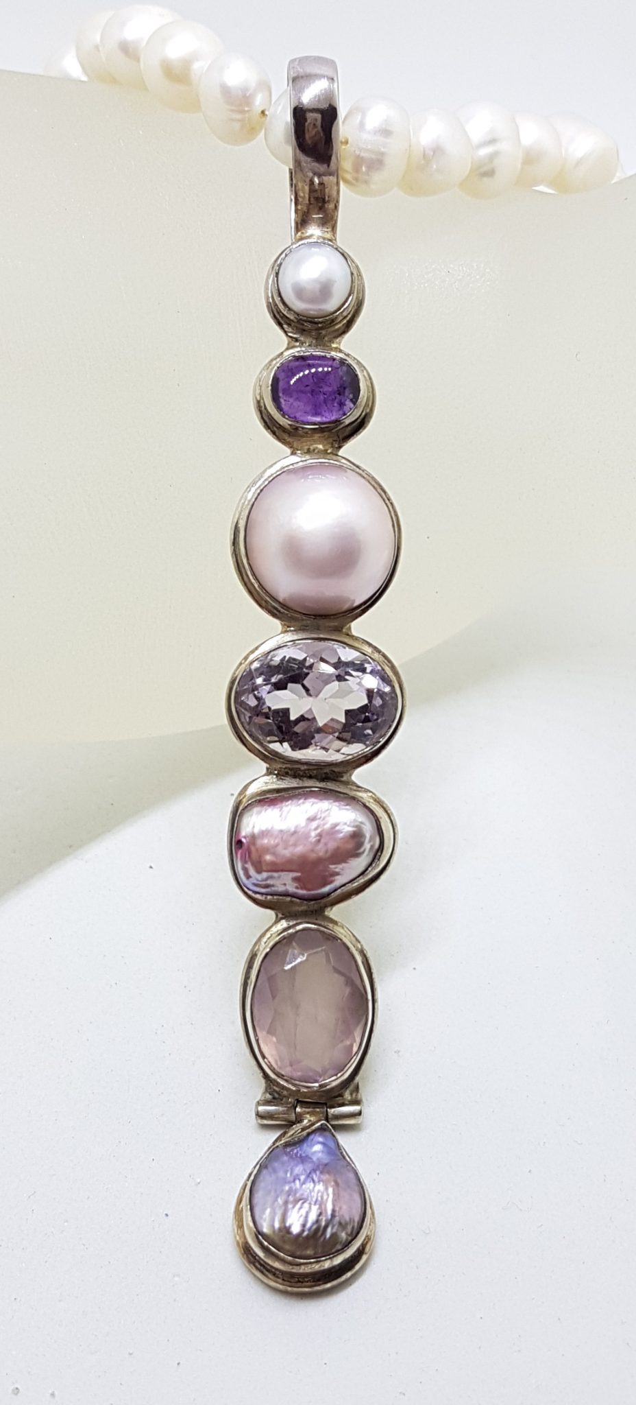 Sterling Silver Very Long Drop Pearl, Rose Quartz and Amethyst Pendant on Pearl Necklace