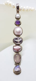 Sterling Silver Very Long Drop Pearl, Rose Quartz and Amethyst Pendant on Pearl Necklace