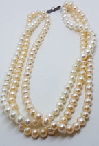 Sterling Silver White and Cream Pearl Short Choker Pearl Three Strand Necklace