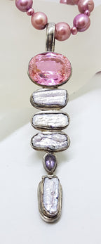 Sterling Silver Very Long Drop Pearl, Pink Cubic Zirconia and Amethyst Pendant on Pearl Necklace