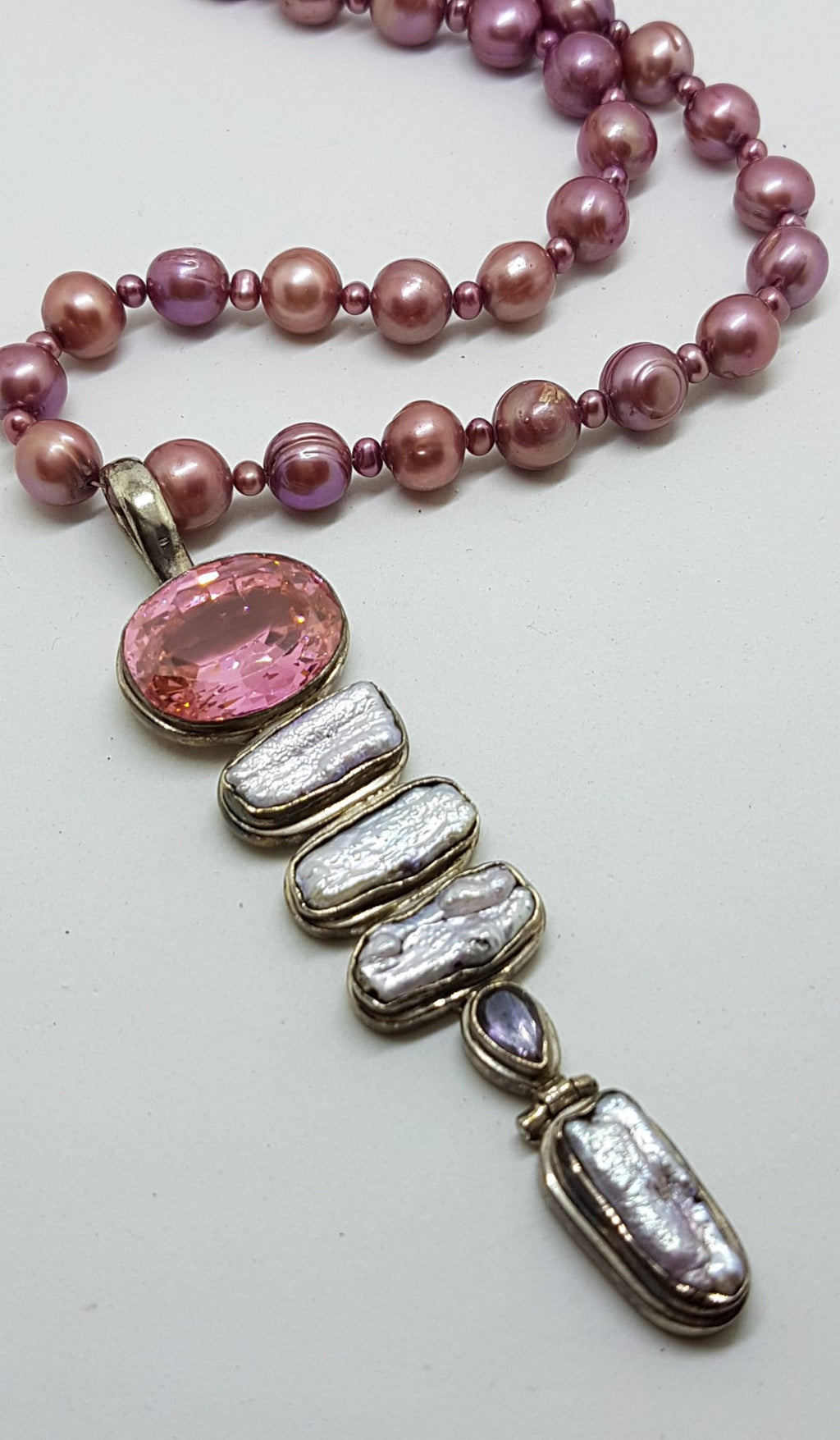 Sterling Silver Very Long Drop Pearl, Pink Cubic Zirconia and Amethyst Pendant on Pearl Necklace