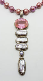 Sterling Silver Very Long Drop Pearl, Pink Cubic Zirconia and Amethyst Pendant on Pearl Necklace