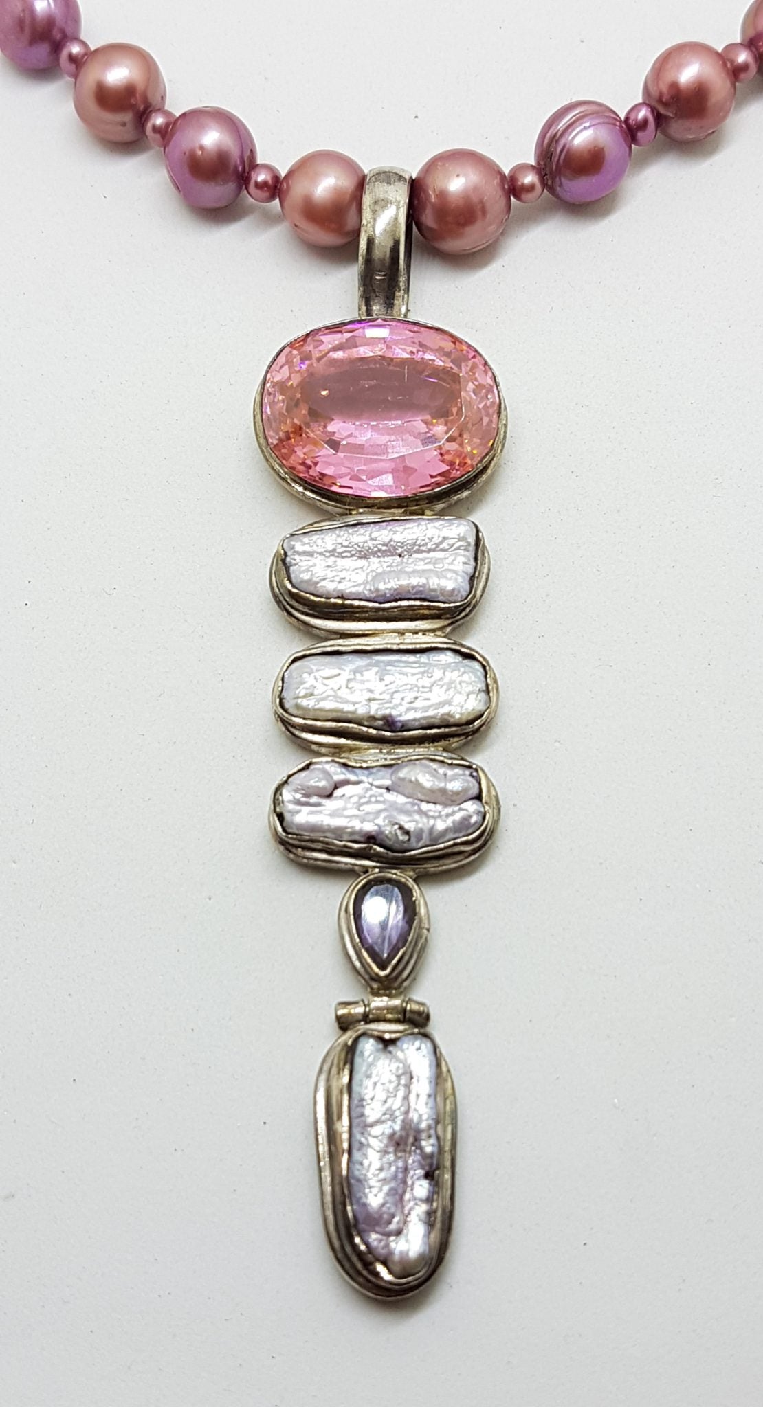 Sterling Silver Very Long Drop Pearl, Pink Cubic Zirconia and Amethyst Pendant on Pearl Necklace