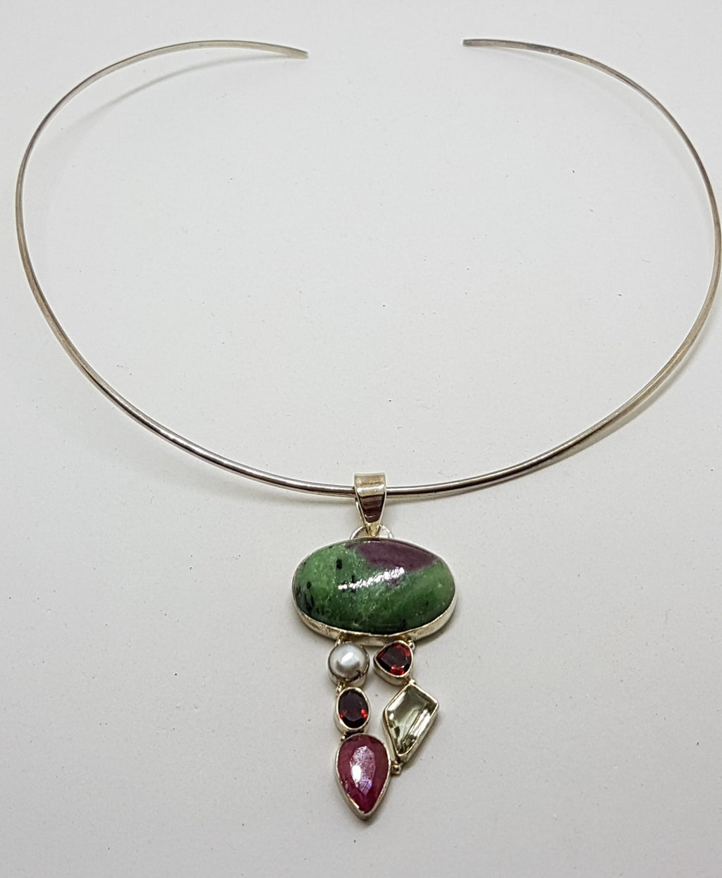 Sterling Silver Ruby Zoisite, Ruby, Pearl, Garnet and Green Amethyst / Prasiolite Cluster Pendant on Silver Choker Chain / Necklace