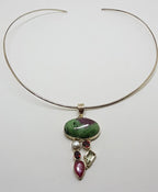 Sterling Silver Ruby Zoisite, Ruby, Pearl, Garnet and Green Amethyst / Prasiolite Cluster Pendant on Silver Choker Chain / Necklace