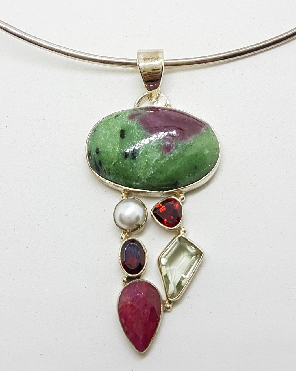 Sterling Silver Ruby Zoisite, Ruby, Pearl, Garnet and Green Amethyst / Prasiolite Cluster Pendant on Silver Choker Chain / Necklace