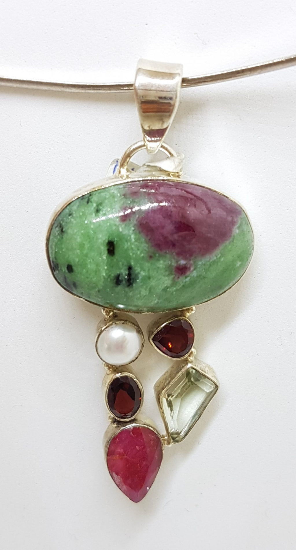 Sterling Silver Ruby Zoisite, Ruby, Pearl, Garnet and Green Amethyst / Prasiolite Cluster Pendant on Silver Choker Chain / Necklace
