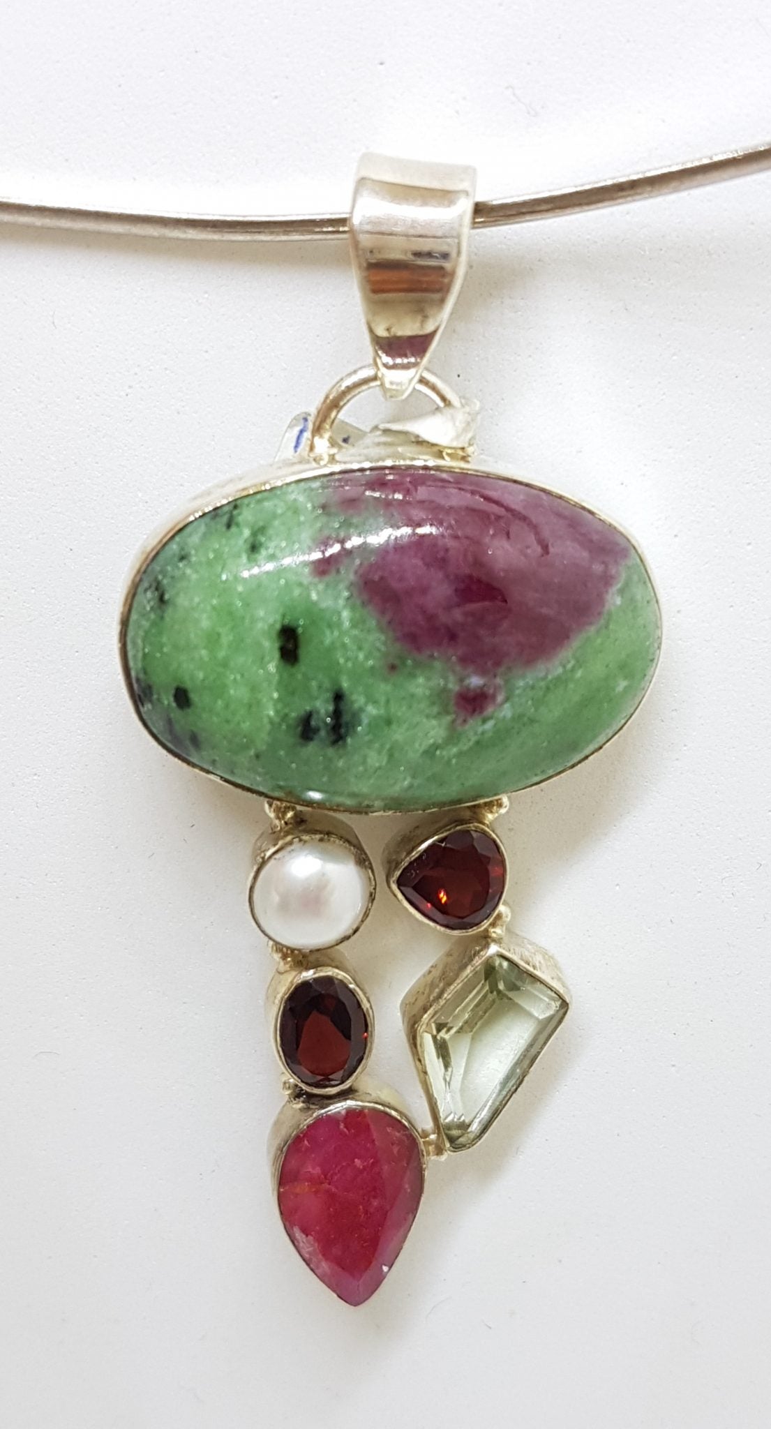 Sterling Silver Ruby Zoisite, Ruby, Pearl, Garnet and Green Amethyst / Prasiolite Cluster Pendant on Silver Choker Chain / Necklace