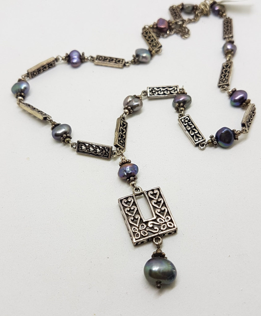 Sterling Silver Ornate Filigree Long Drop Black Pearl Chain / Necklace