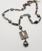 Sterling Silver Ornate Filigree Long Drop Black Pearl Chain / Necklace