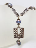 Sterling Silver Ornate Filigree Long Drop Black Pearl Chain / Necklace
