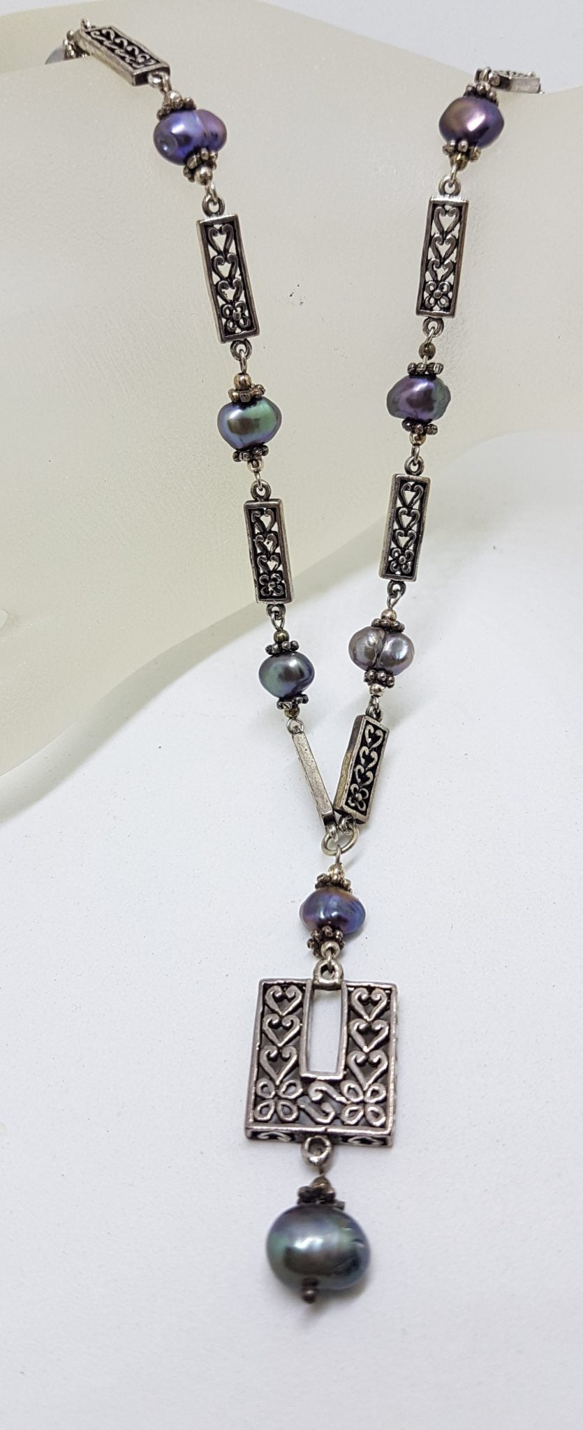 Sterling Silver Ornate Filigree Long Drop Black Pearl Chain / Necklace