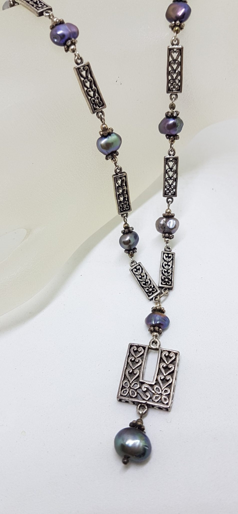 Sterling Silver Ornate Filigree Long Drop Black Pearl Chain / Necklace