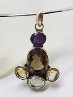 Sterling Silver Large Smokey Quartz, Amethyst, Clear Crystal Quartz and Citrine Pendant on Silver Choker Necklace
