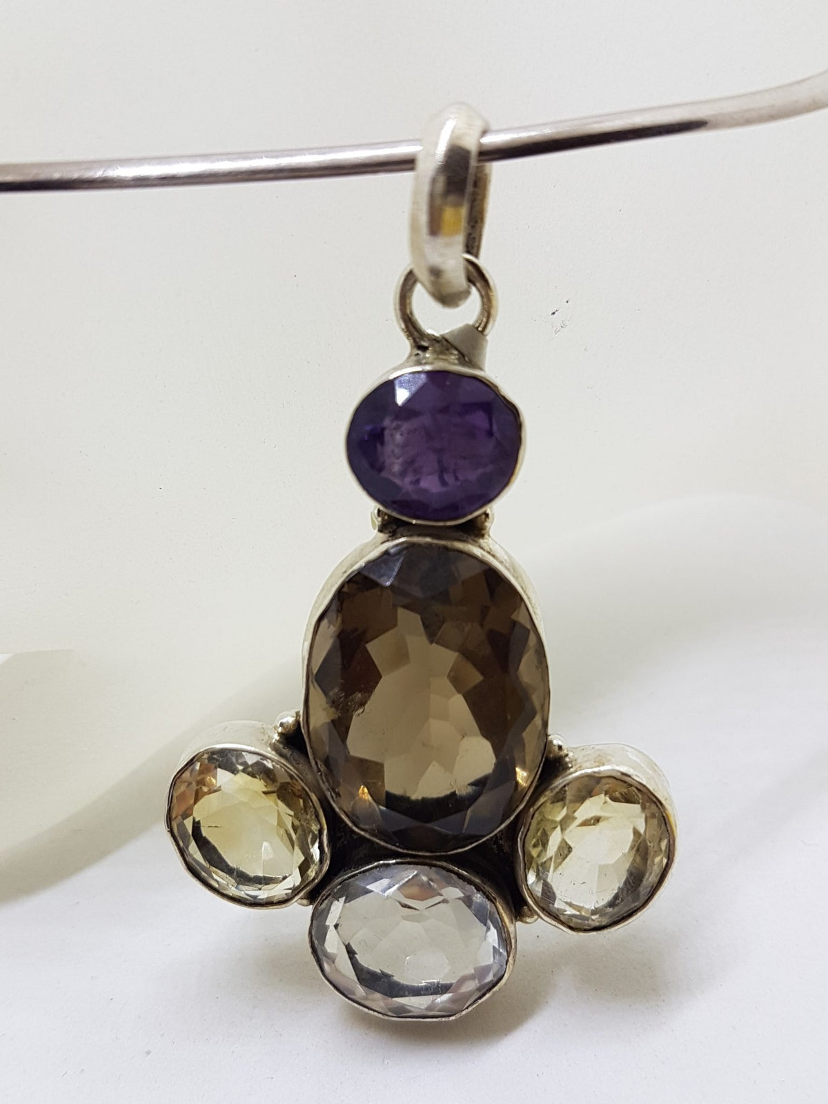 Sterling Silver Large Smokey Quartz, Amethyst, Clear Crystal Quartz and Citrine Pendant on Silver Choker Necklace