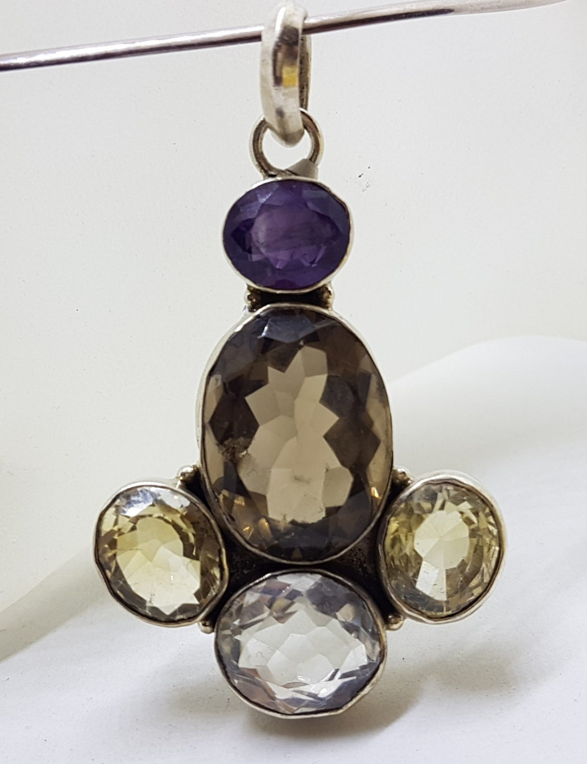 Sterling Silver Large Smokey Quartz, Amethyst, Clear Crystal Quartz and Citrine Pendant on Silver Choker Necklace