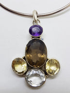 Sterling Silver Large Smokey Quartz, Amethyst, Clear Crystal Quartz and Citrine Pendant on Silver Choker Necklace