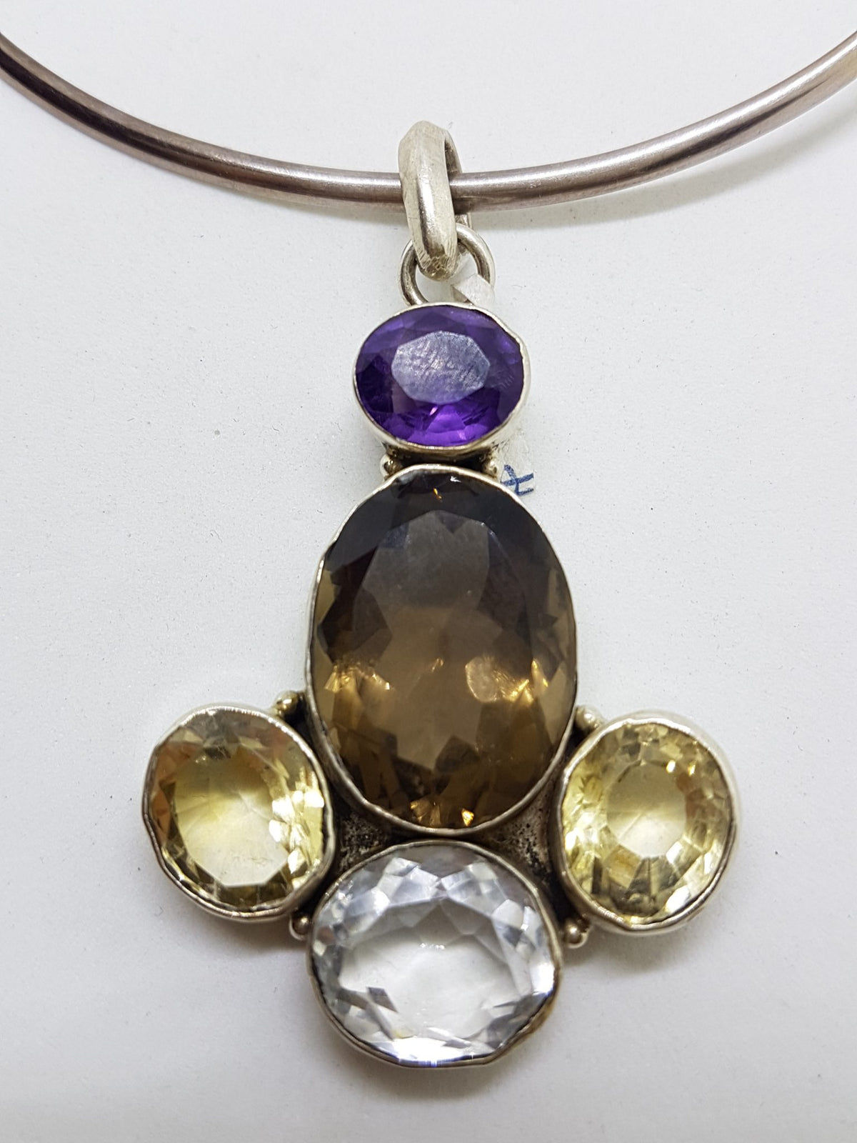 Sterling Silver Large Smokey Quartz, Amethyst, Clear Crystal Quartz and Citrine Pendant on Silver Choker Necklace