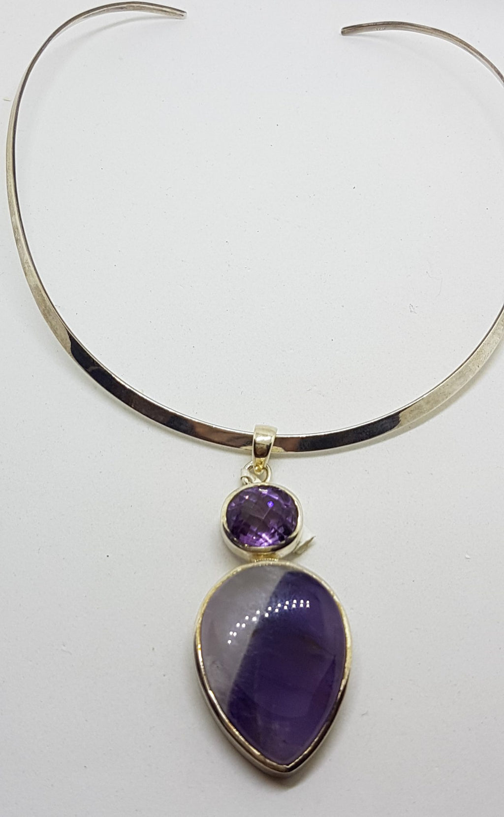 Sterling Silver Large Teardrop Shaped Cabochon Amethyst with Oval Faceted Amethyst Pendant on Sterling Silver Choker
